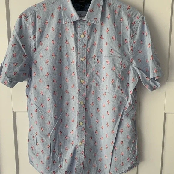 Banana Republic Men's Light Blue Pink Small Flamingo Shirt‎ Beach Preppy Casual