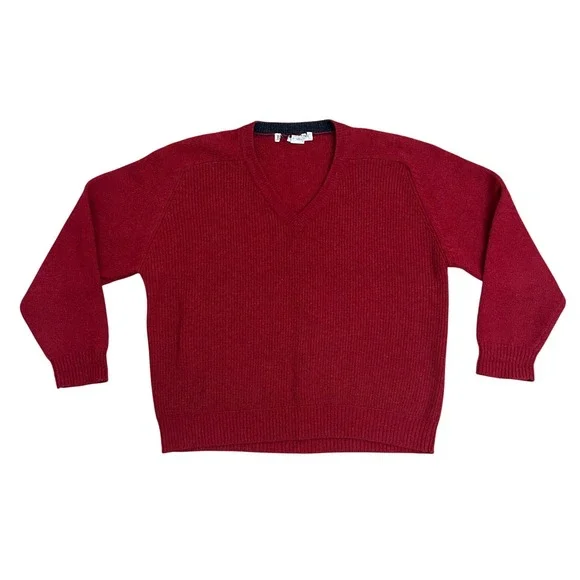 Vtg 90s Banana Republic Red Lambswool V-Neck Sweater Mens‎ S Ribbed Knit chunky