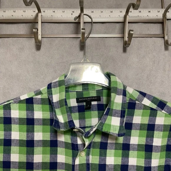 Banana Republic Shirt Men L Green Plaid Linen Cotton Button Up Academia Vacation
