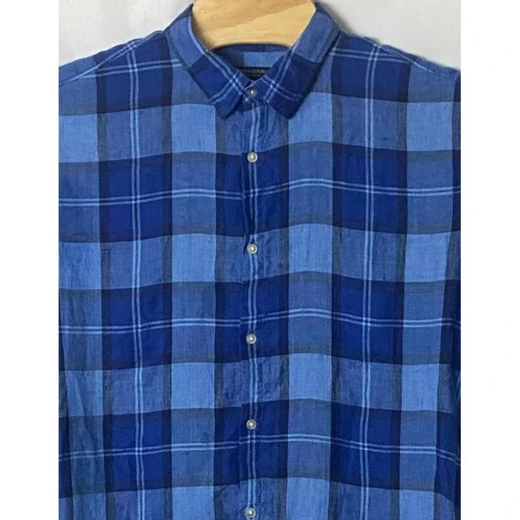 Banana Republic Linen Blue Plaid Shirt Short Sleeve Camden‎ Fit Button Up Sz XL
