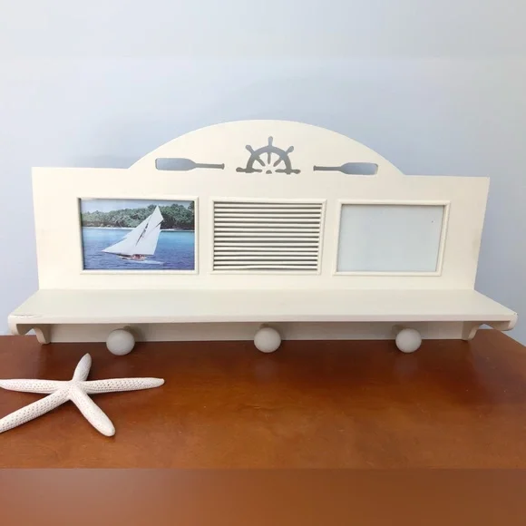 NEW Nautical Coastal Wall Shelf With Pegs & Photo Slots