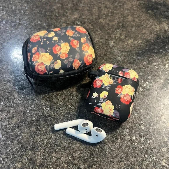 Apple White Earbuds with Black Floral Charging Case and Zipper Pouch