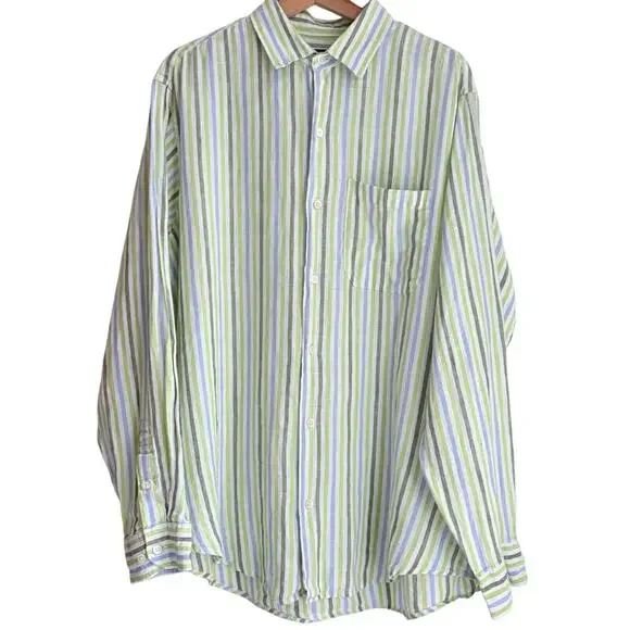 Banana Republic Mens L Linen Striped Button Front Shirt Long Sleeve Green Blue