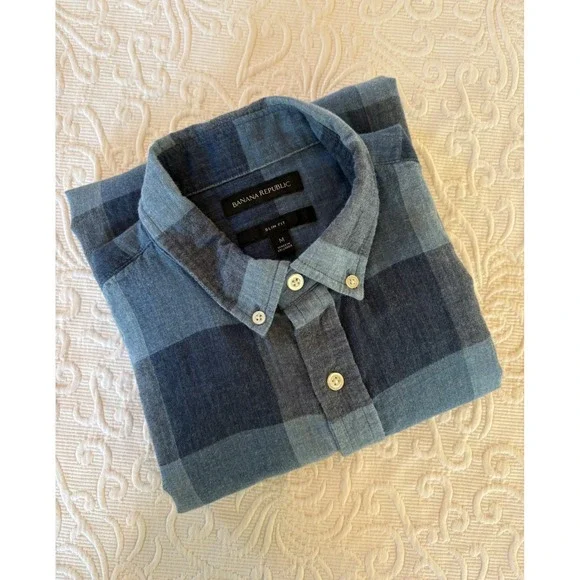 Banana Republic Mens Slim Fit, Medium, Blue Plaid Woven Button Down‎ Shirt
