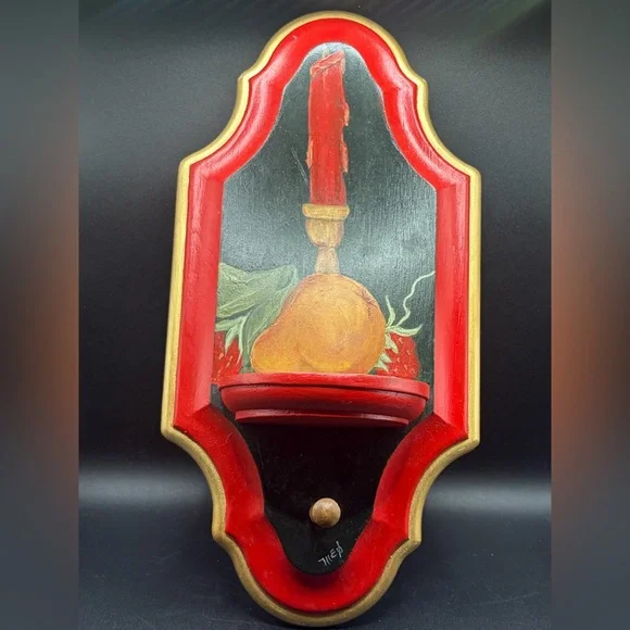 Vintage Hand Painted Artist Signed Wood Wall Shelf, Candle Strawberry Pear Motif