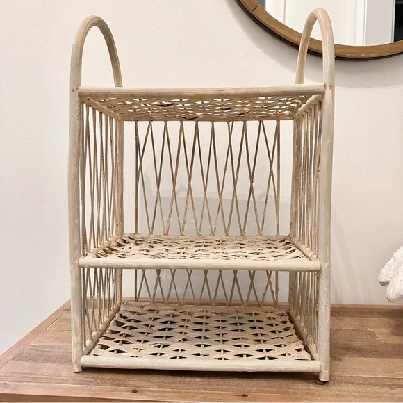 Vintage Vintage Tan Wash Wicker Rattan Wall Shelf 3 Tier Hanging Basket Shelf