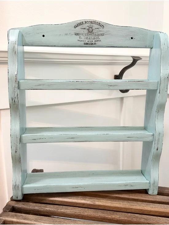 Light Blue Distressed Wooden Wall Shelf for Spices, Oils, Nicknack Collectables