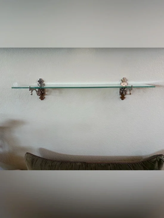 Pottery Barn Glass Wall Shelf with Polished Silver Brackets, 26.5”x5”, LIKE NEW