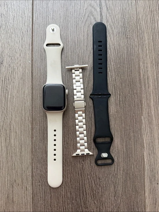 Apple series 7 watch starlight, black and silver bands