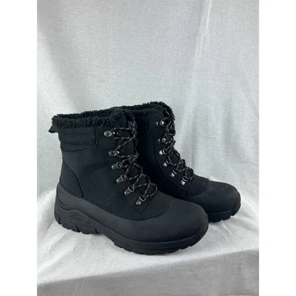 All in Motion Mens‎ Black Winter Boots Faux Fur Trim Lace Up Size 10 NEW