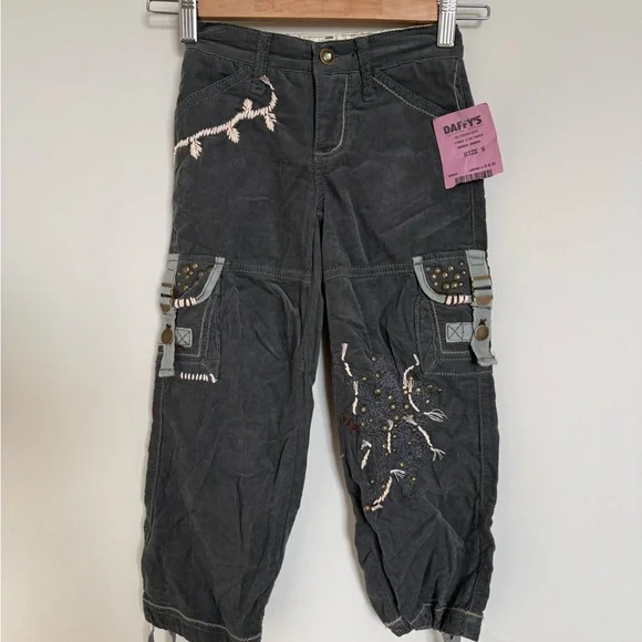 Girls Size 5 Corduroy Cargo Capri Pants Y2K Studded Embroidered