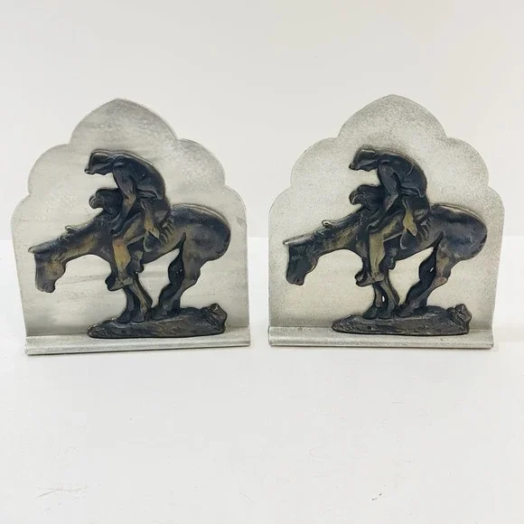 Vintage Western Cowboy Native American End Of The Trail Metal Bookends