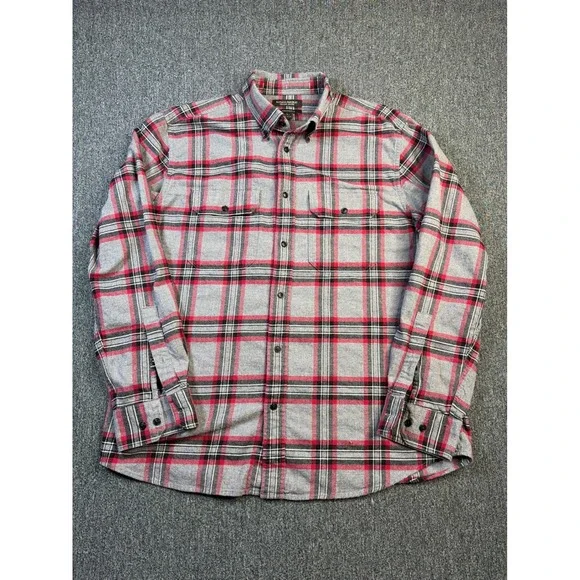 Banana Republic Mens Flannel Shirt L Grey Red Plaid Untucked Organic Cotton L/S