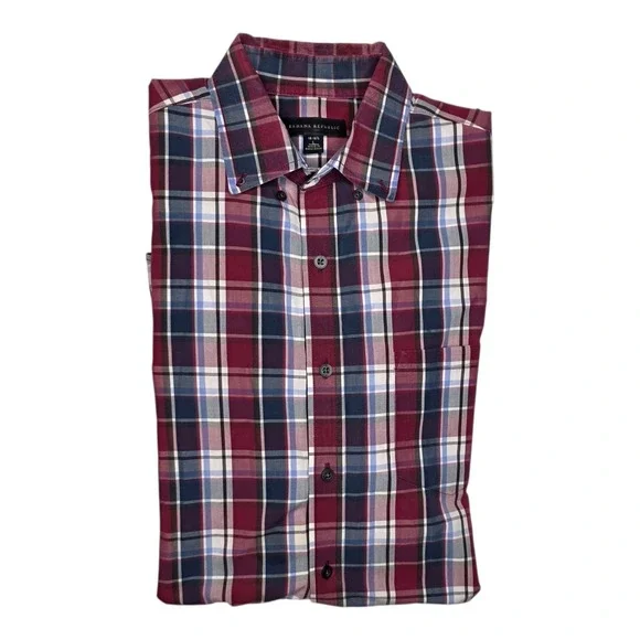 Banana Republic Linen‎ Shirt Mens Large Red Plaid Button Up made in Bangladesh