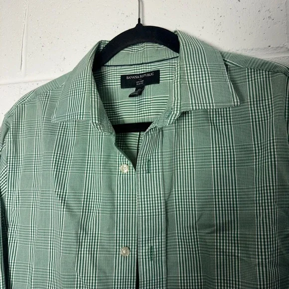 Banana Republic Mens‎ Green White plaid Check Non Iron Slim Dress Shirt M 15.5