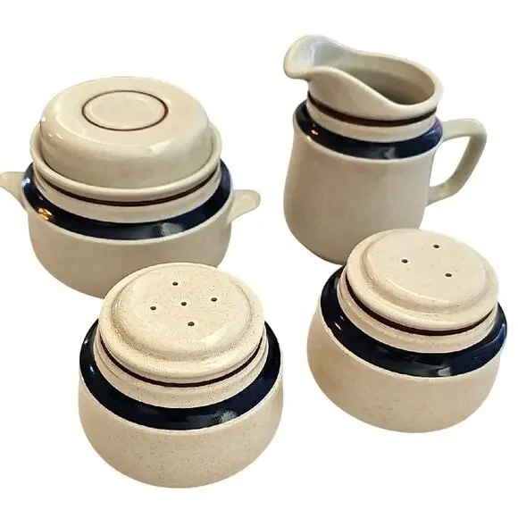Chateau 1980's Japan Hand Painted Stoneware Kitchen Set w/Navy and Brown Accents
