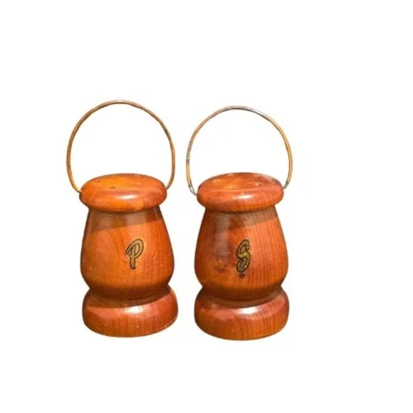 Vintage Wooden Salt Pepper Shakers Set Handles‎ P S Engraved Rustic Kitchenware