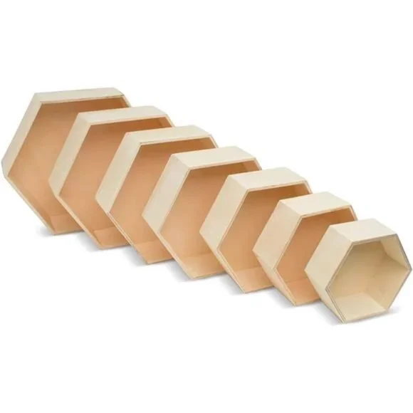 New Wooden Hexagon Floating Shelves with Backs, 2 Sets of 7, Unfinished