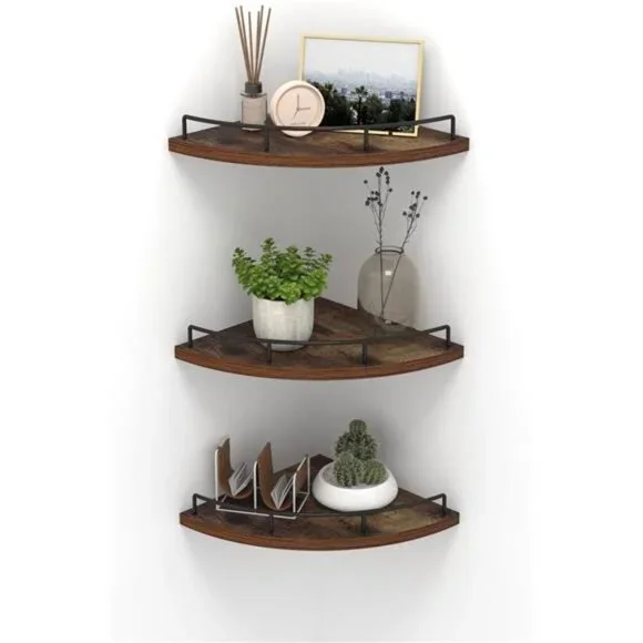 Floating Corner Shelf Wall Mount, Set of 3 Rustic Wood Corner Wall Shelves
