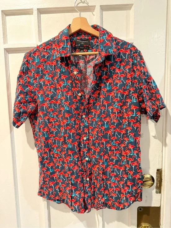Banana Republic Navy Short-Sleeve Flamingo Button-Down