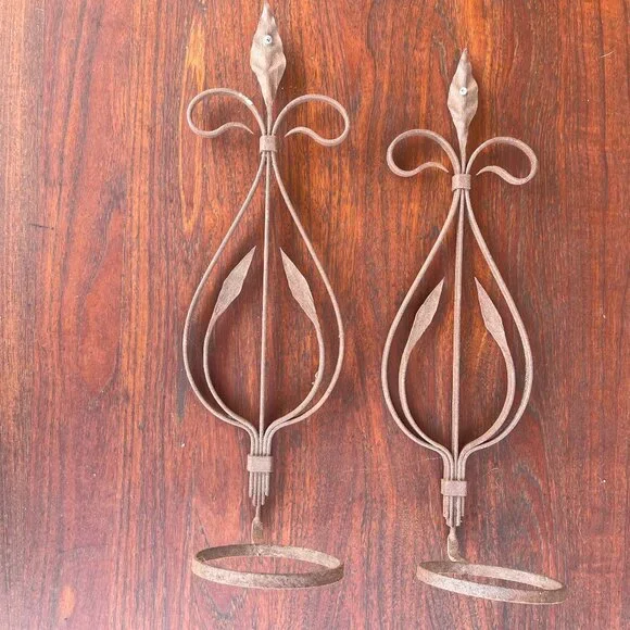 Antique Spanish Handmade Wrought Iron Pot Hanger Wall Sconces Pair 18