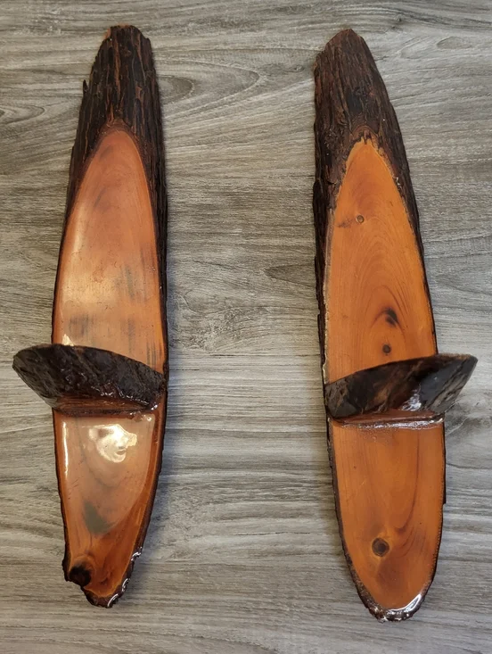 Pair Vintage Handcrafted Live Edge Wood Wall Sconces Lacquer Finish
