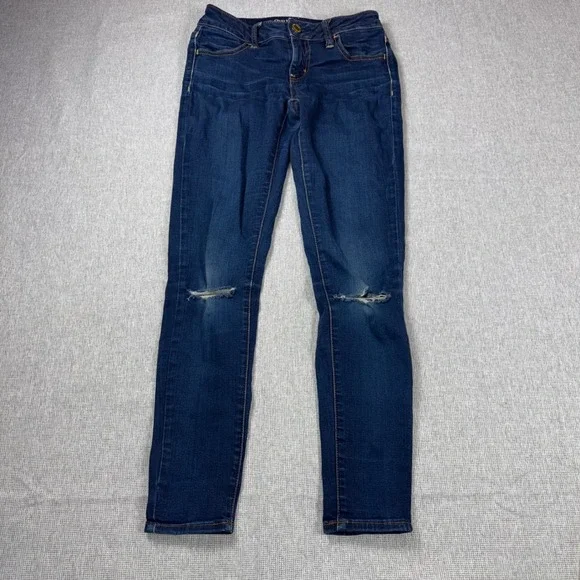 American Eagle Super Stretch Jeggings Dark Wash Distressed Ripped Knee Size 0