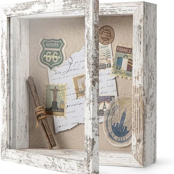 Rustic White Wood Shadow Box Display with Travel Ephemera