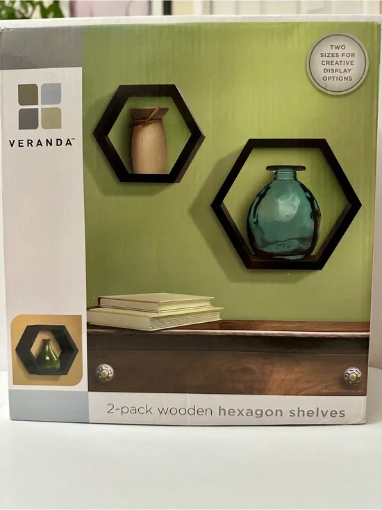Veranda Black Hexagon Wall Shelves - 2-Pack Wooden Display