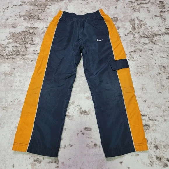 Nike Youth 7 Track Pants Navy Yellow Mesh Lined Windbreaker Athletic Cargo Y2K