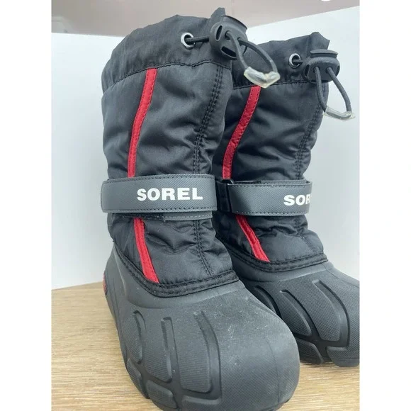 KIDS Sorel Snow Commander Insulated Snow Boots Drawstring Black/Red US 12