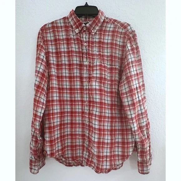 Banana Republic Camden Fit Men's Red‎ Plaid Shirt M 100% Linen Cowboy Cottage