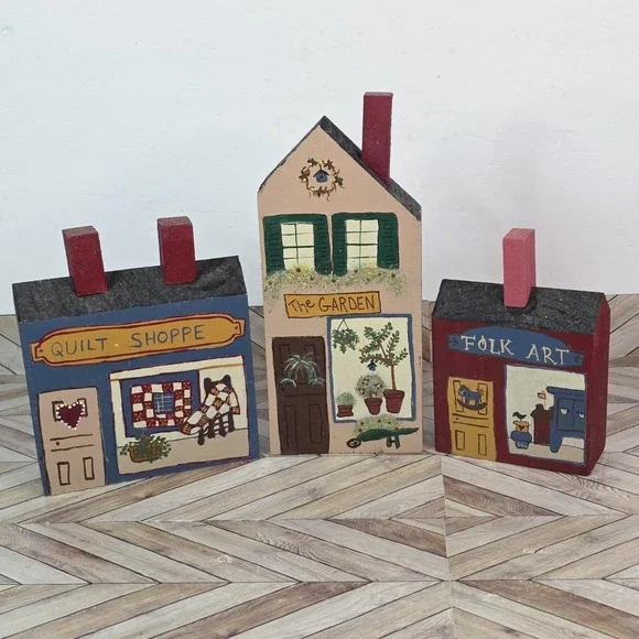 Vintage Set 3 Hand Painted Primitive Wooden Buildings Folk Art Shelf Decor