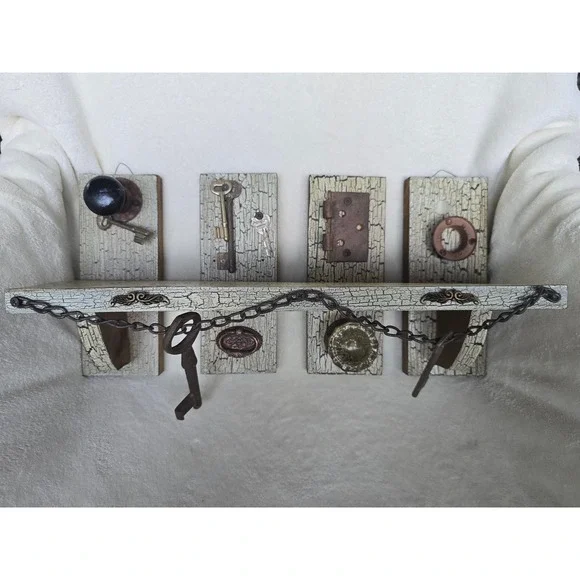 Steampunk Rustic Wood Wall Shelf Vintage Keys Doorknob Crackle Finish Farmhouse