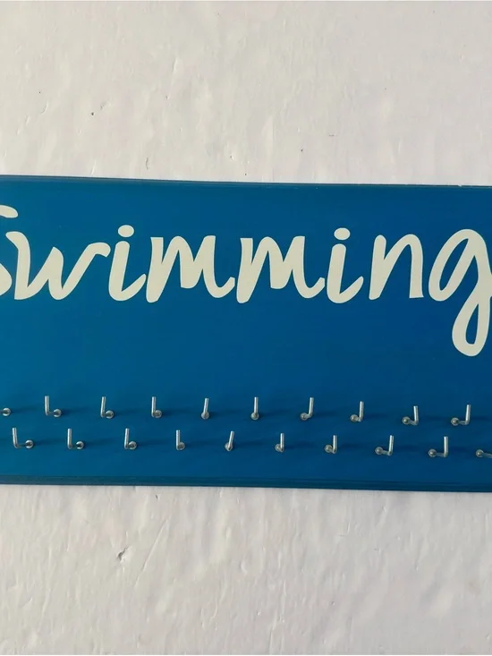 Swimming Wall Hook Rack - Blue medals ribbons display swim team