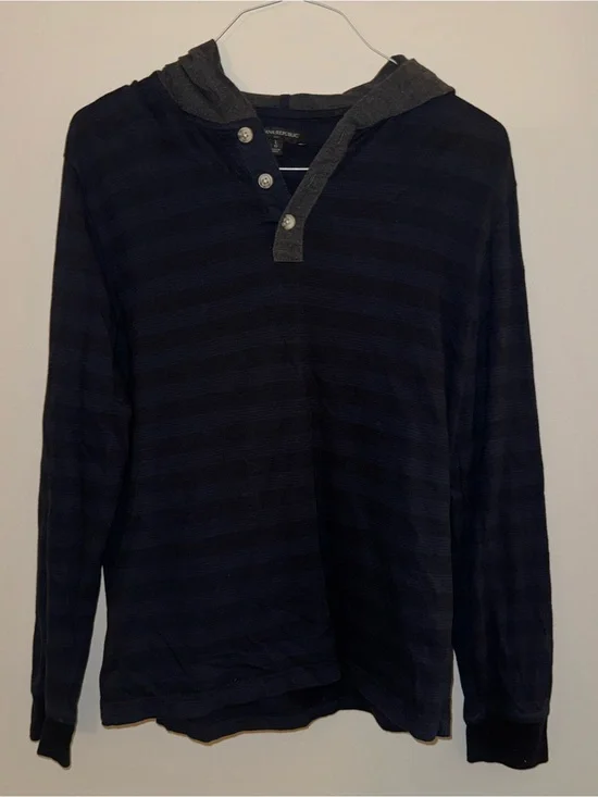 Banana Republic Striped Hooded Henley Shirt - Navy & Charcoal