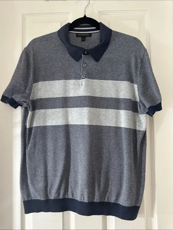Banana Republic Men's Navy and Gray Striped Polo