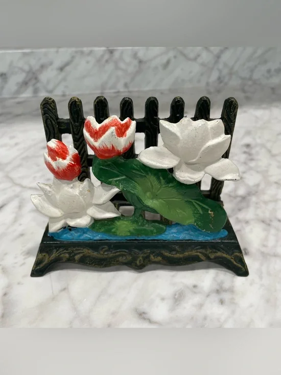 Cast Iron Napkin Holder Hand Painted Lotus Flower Fence White Red & Green Heavy