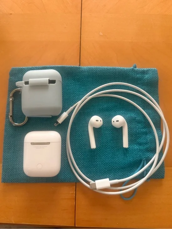 Apple White Earbuds with White Lightning Cable and Teal Protective Case