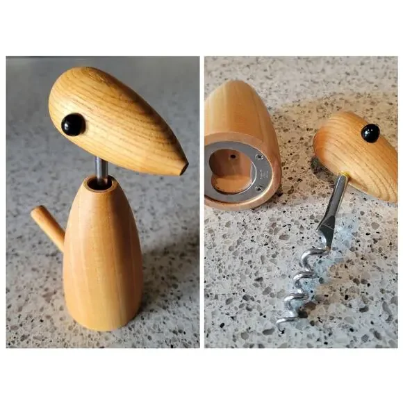 VTG MCM Handcrafted Wood Bird Corkscrew Bottle Opener Stainless Made in Japan