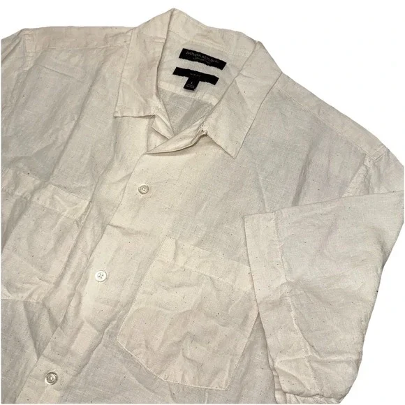 Banana Republic Slim Fit Beige Linen Cotton Loop Button Up S/S Camp Shirt Mens L