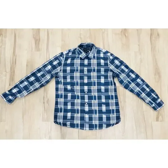 Banana Republic Camden Fit Shirt Men Size Large Blue White Plaid 100% Linen
