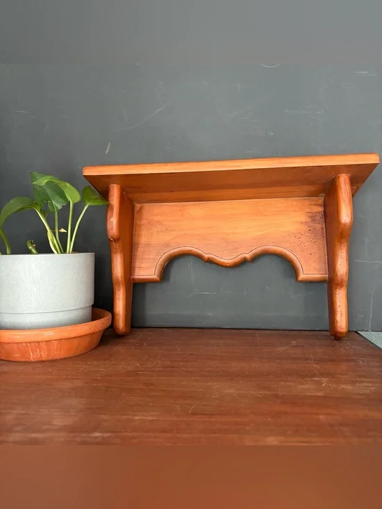Vintage Cottagecore Solid Wooden Wall Shelf in Warm Orange-Brown