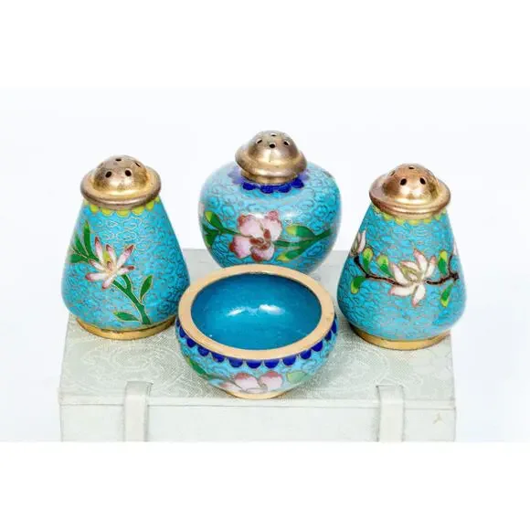 Vintage Cloisonné Enamel Casters Set – Floral Turquoise (4 Pieces)