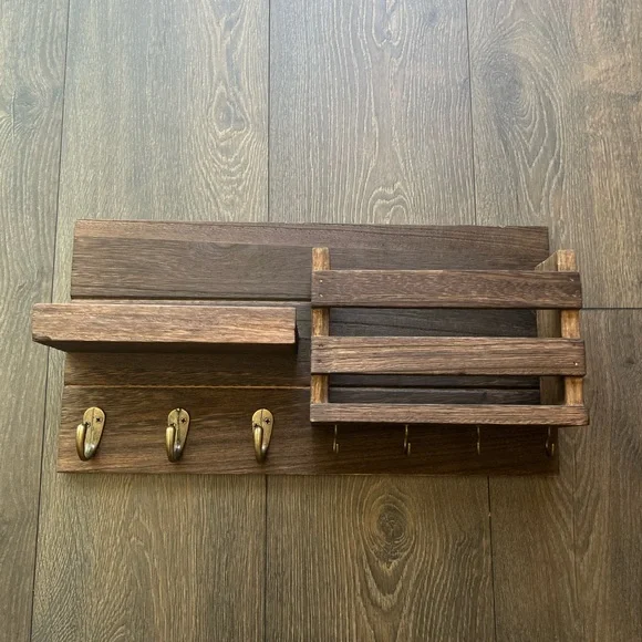 Rustic Wood Wall Organizer with Hooks
