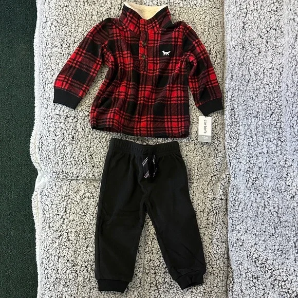 Carter's Red & Black Plaid Fleece Pullover with Black Joggers - 12 months