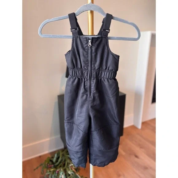 Kids Black Snow Bib Overalls Ski Pants Adjustable‎ Straps Zipper Front- size 2