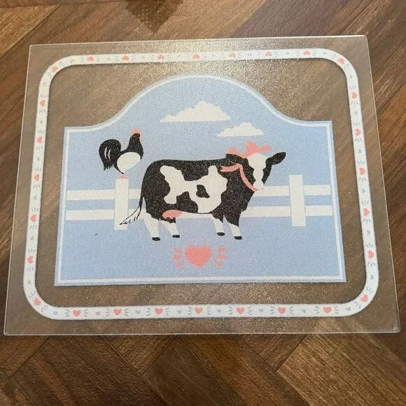 Vintage Holstein Cows Country Hearts 15”x18” Textured Glass Cutting Board