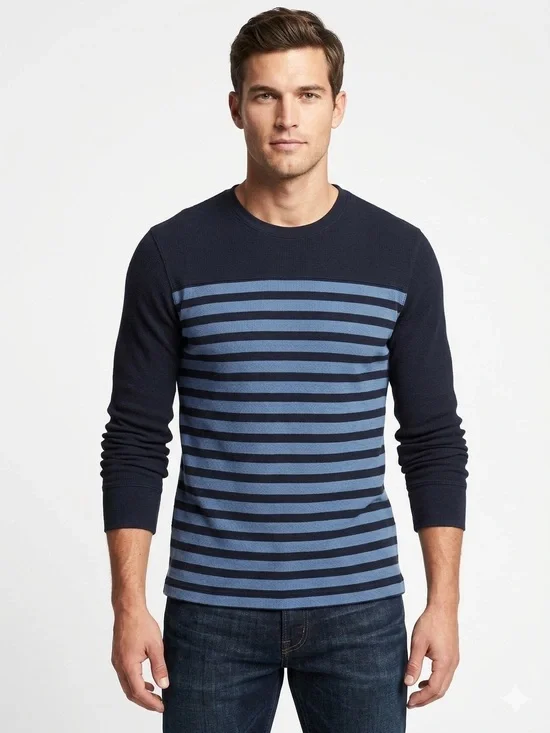 Banana Republic Navy Blue Striped Waffle Knit Long Sleeve Thermal Shirt Small