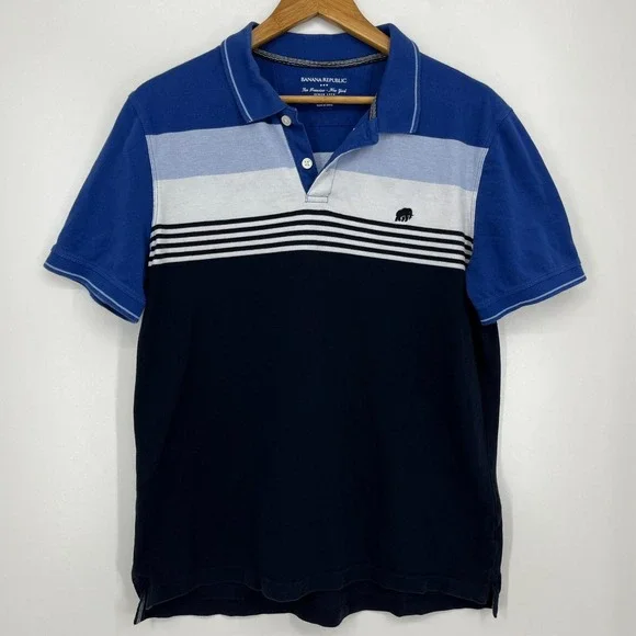Banana Republic Polo Shirt Men's L Blue‎ Striped Logo Collared Cotton